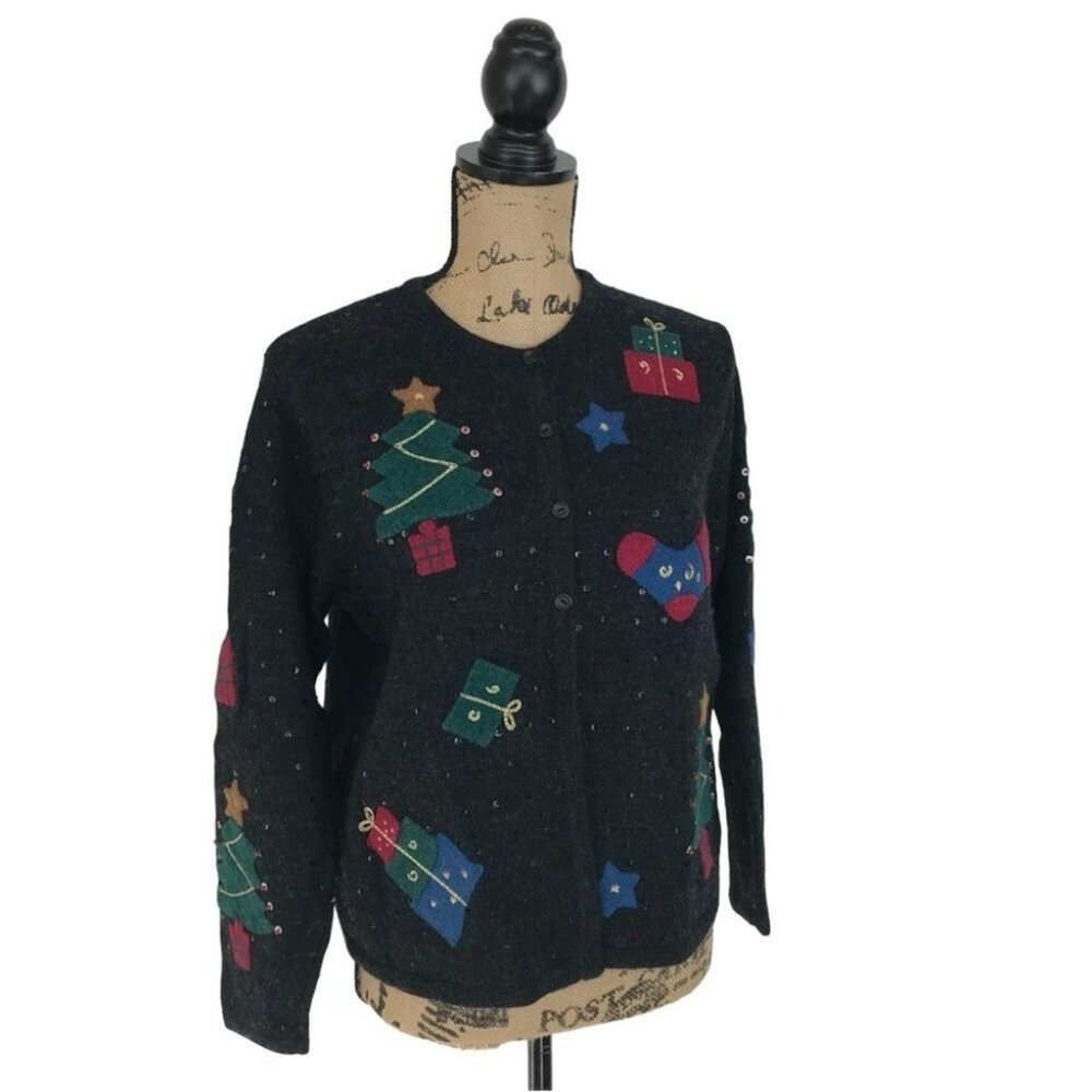 Talbots Wool Sparkly Holiday Button Up Cardigan